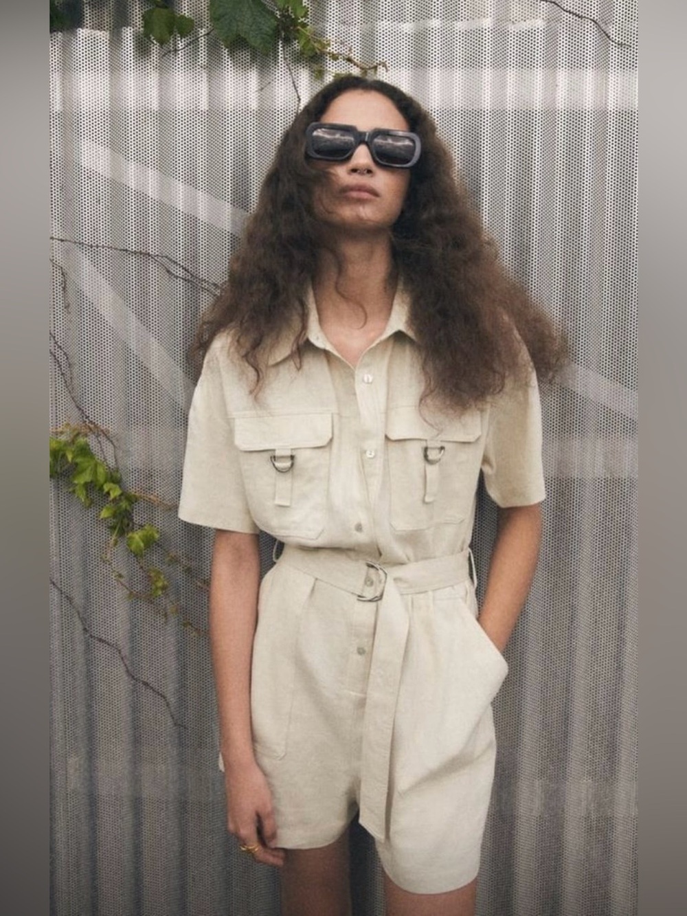 Zara linen blend Beige Utility Belted Romper S